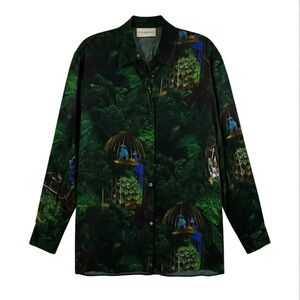 Fête Impériale Paris Green Botanical Peacock Print Button Front Blouse T36